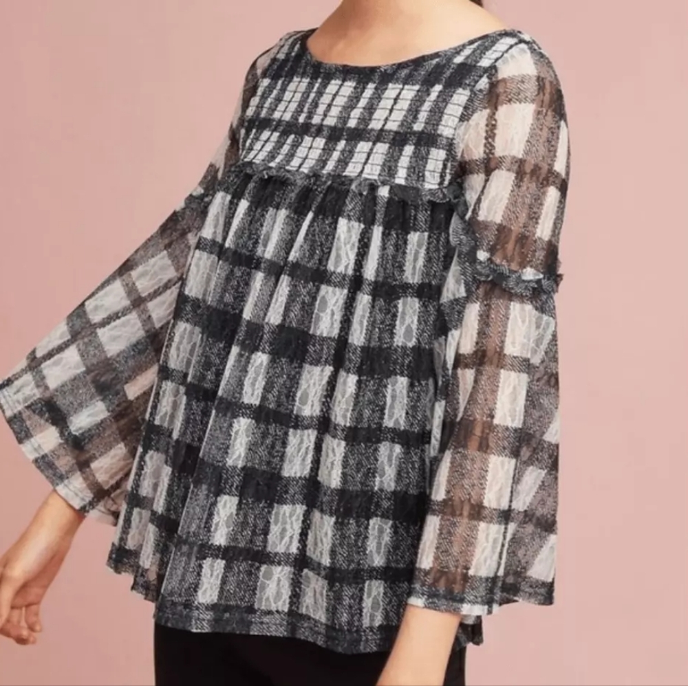 Anthropologie x Akemi +Kin Patrizia lace plaid bell sleeve top, size medium